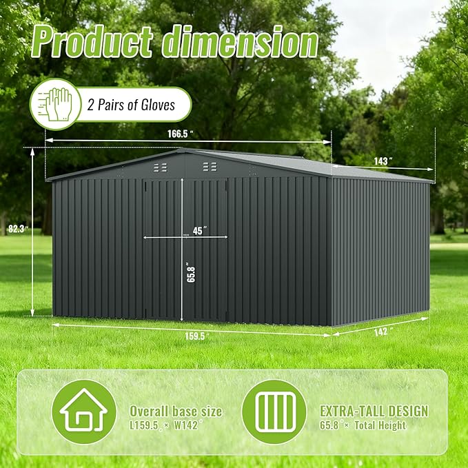 14X12 FT Outdoor Storage Shed, Metal Garden Tool Shed with Updated Frame Structure and Lockable Doors, Ideal for Backyard Garden Patio Lawn