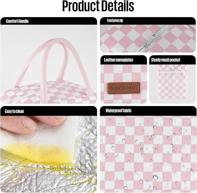 Lunch Bag Women/Men Lunch Box Women/Men (Pink+White Checkerboard)