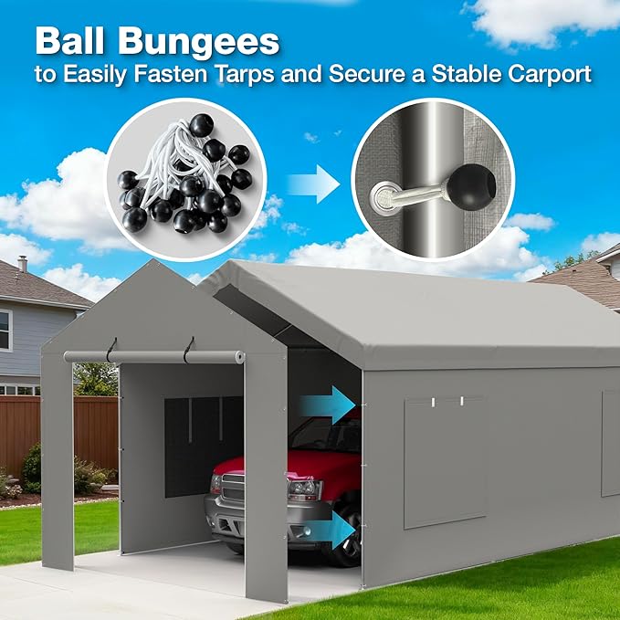 Carport Canopy Replacement Zipper Door Fits 10x20 FT Carport, Waterproof & UV Protected, Easy Assembly with Ball Bungees, Grey (Door Panel Only, 1 Pack)