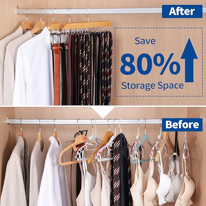 ELONG HOME Belt Hanger for Closet, 2 Pack Closet Organizers and Storage Belt Rack Max 48 Belts, Multifunction Wooden Hanger Tie Rack