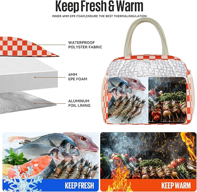 Lunch Bag Women/Men Lunch Box Women/Men (Red+Beige Checkerboard)