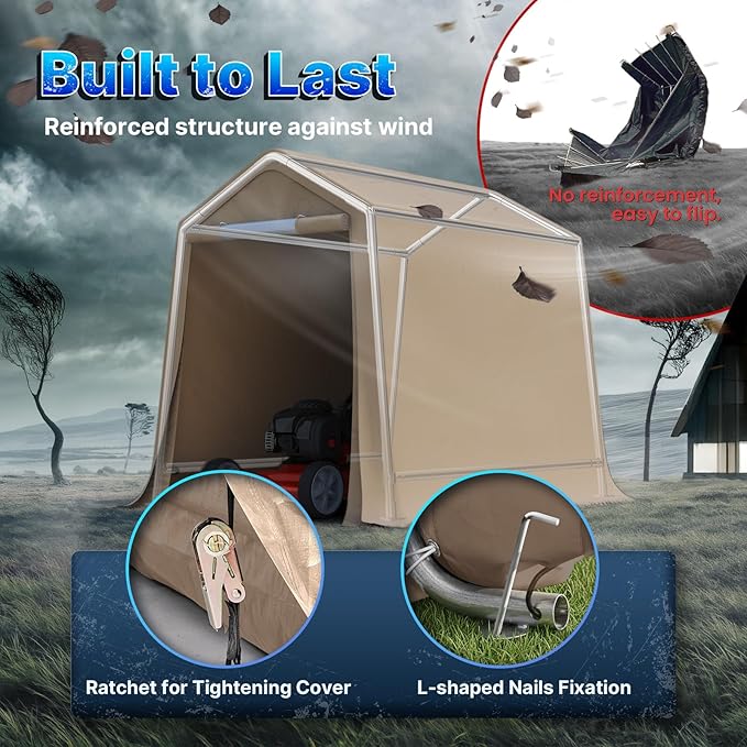 ADVANCE OUTDOOR 6x8 ft Outdoor Portable Storage Shelter Shed with 2 Roll up Zipper Doors & Vents Carport for Motorcycle Waterproof and UV Resistant Portable Garage Kit Tent, Beige