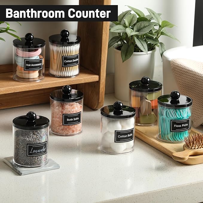 4 Pack Acrylic Qtip Holder Dispenser for Cotton Swabs, Balls, Pads, Floss - Plastic Canister Apothecary Jar Set, Bathroom Essentials Accessories Decor Vanity Makeup Storage Organizer - Clear & Black