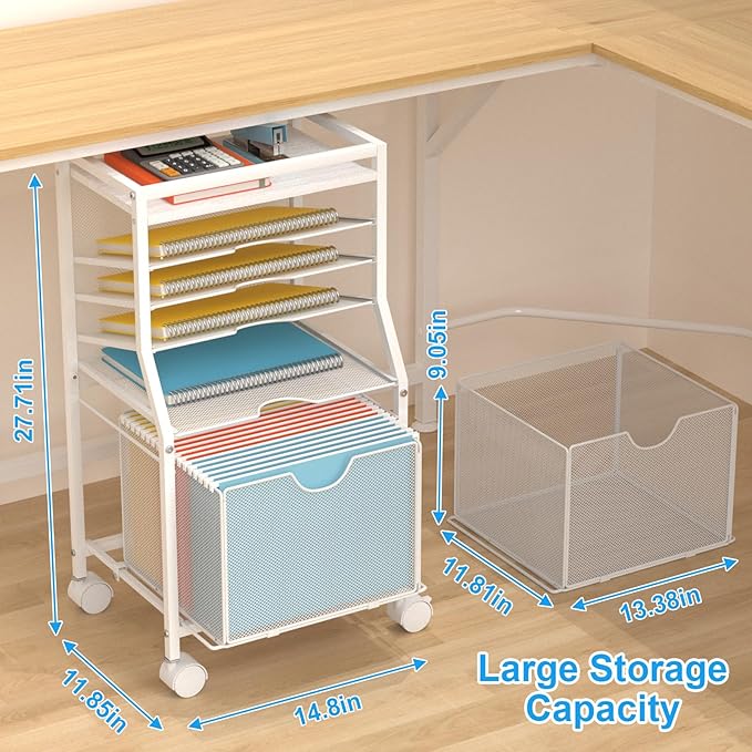 Rolling File Cart, 6-Tier Desk File Organizer on Lockable Wheels, White Wood Planks & Mesh Sliding Hanging Folder Drawer, Organization Cart for Office Home School
