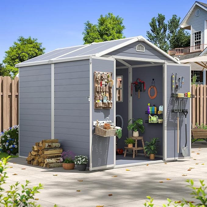Aoxun 6x8 FT Outdoor Storage Shed, Plastic Garden Resin Shed with Floor and Window for Patio, Lawn, Outdoor Storage with Lockable Door for Bike, Garbage Can, Tools, Grey