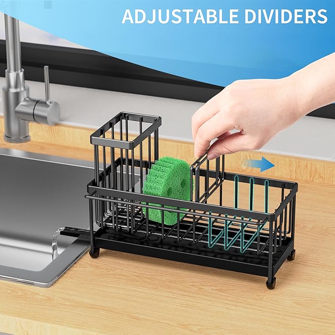 Cisily Sponge Holder for Kitchen Sink, Sink Caddy Organizer with High Brush Holder, Kitchen Countertop Organizers and Storage Essentials, Rustproof 304 Stainless Steel (Black With Towel Rack, 9.25″)