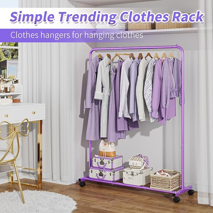 Simple Trending Standard Clothes Clothing Garment Rack with Storage Shelves, Rolling Clothes Organizer on Wheels for Hanging Clothes, Purple