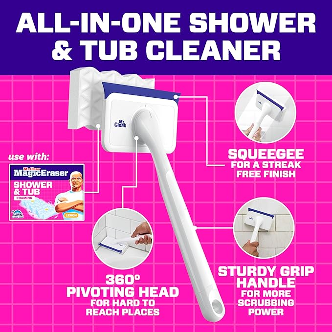 Mr. Clean Magic Eraser Shower & Tub Scrubber, Bathroom Cleaner, All in One Bathroom Cleaner, Lemon Starter Kit, 2 Scrubber, 5 Foaming Magic Erasers, 1 Whole Home Extra Durable Magic Eraser