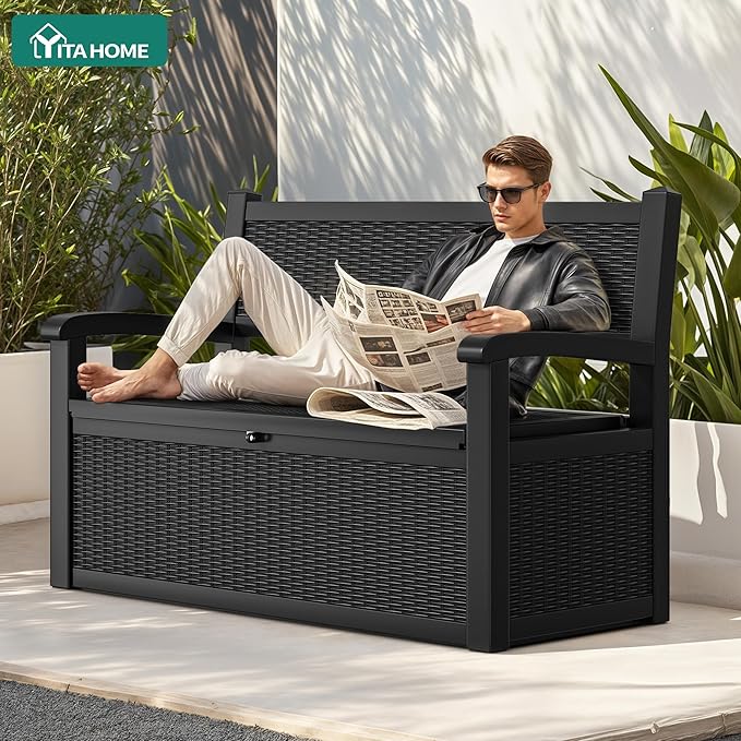 YITAHOME 70 Gallon Storage Bench Deck Box, Lockable Patio Bench, Waterproof Outdoor Pool Deck Storage for Patio Cushions, Garden Tools and Pool Supplies, Black
