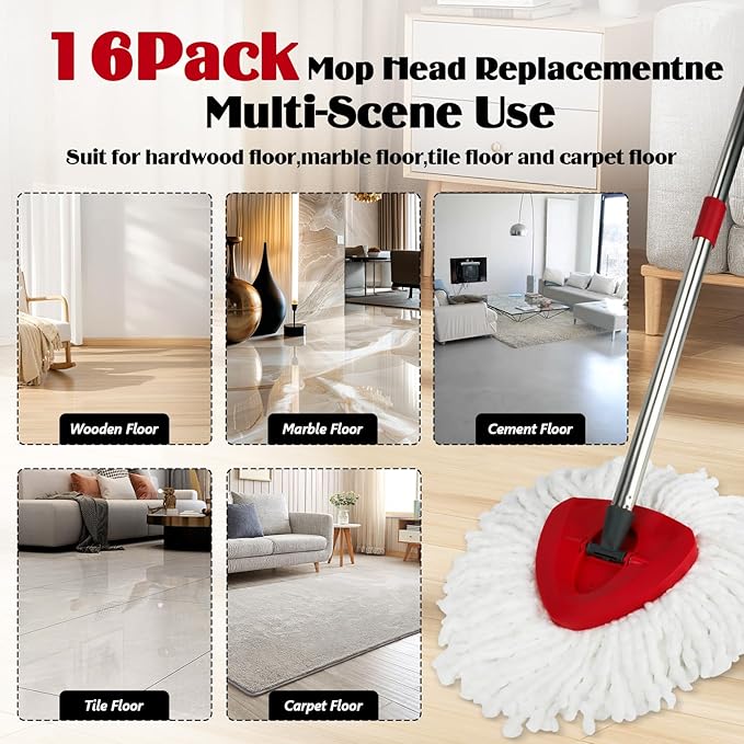 Spin Mop Replacement Set for O-Ceda EasyWring 1-Tank System, 16 Microfiber Spin Mops Refills,1 Scrubber Head,1 Triangle Spin Base,and(31-63in) Adjustable Handle Set Combo
