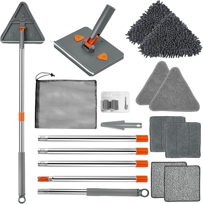 Base Board Cleaner Tool with Handle,360°Rotating Wall Cleaner Mop,180° Folding Ceiling Tool Duster with Squeegee for Cleaning Wall, Ceiling, Window,Floor,8 Replacement Cleaning Pads