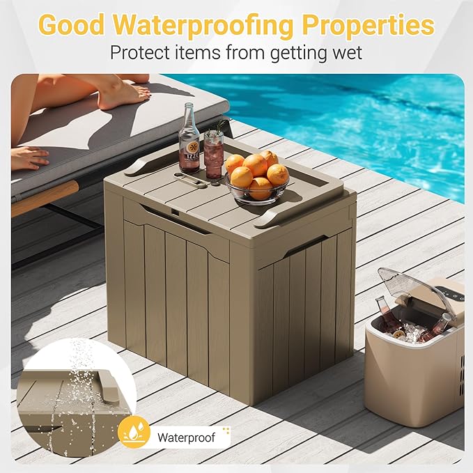 Greesum Outdoor Storage Box 31 Gallon Storage Box with Lid for Patio Furniture, Garden Tools, Pool Supplies, Waterproof and UV Resistant, Lockable, Light Coffee