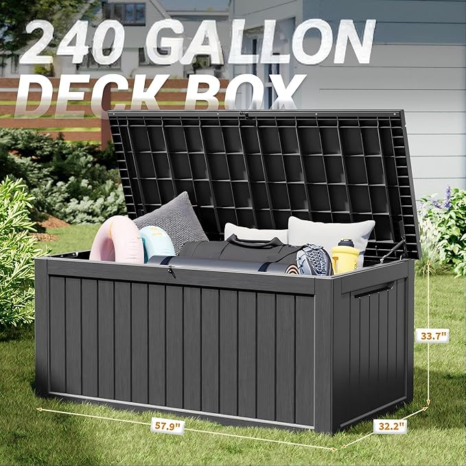 240 Gallon Outdoor Storage Box, Resin Deck Boxes Outdoor Waterproof For Patio Furniture, Garden Tools, Pool Supplies, Lockable And UV Resistant (Striped Black)