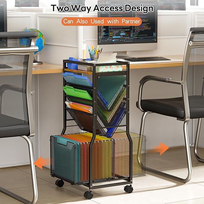 8 Tier Rolling File Cart with Hanging File Folder Organizer, Mobile File Organizer with 2 Sides Access Bookcase, Beside/Under Desk Cart with Wheels for Office Home School