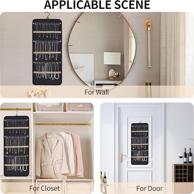 Bloss Hanging Jewelry Organizer-48 Pockets Dual-Sided Hanging Jewelry Organizers and Storage for Necklaces, Earrings Holder on Closet, Wall, Door, Christmas Gifts for Women,Blcak