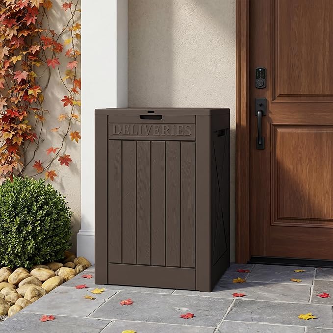 Lockable Outdoor Storage Box 52 Gallon, All-Weather Resin Deck Box for Patio, Garden, Pool, Organizes Furniture Cushions, Gardening Tools, Pool Accessories, Brown