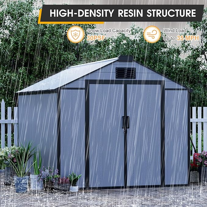 MELLCOM 8 x 12 FT Outdoor Resin Storage Shed with Floor, Garden Storage Shed with Windows and Lockable Door, Resin Tool Shed for Lawnmower,Pool Supply,Bike