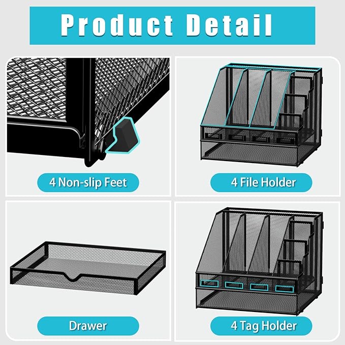 Sinboun Desk File Organizer, 4 Vertical Compartments Rack + 4 Pen Holders + Drawer File Organizer, Metal Desk Magazine Folder Holder for Office, Home, School, Black