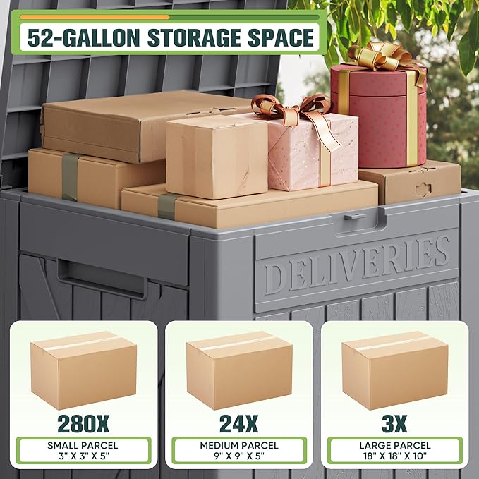 Greesum 52 Gallon Outdoor Resin Package Delivery Box for Porch, Lockable Secure Double-Wall, Waterproof Deck Box for Package Protection, Gray