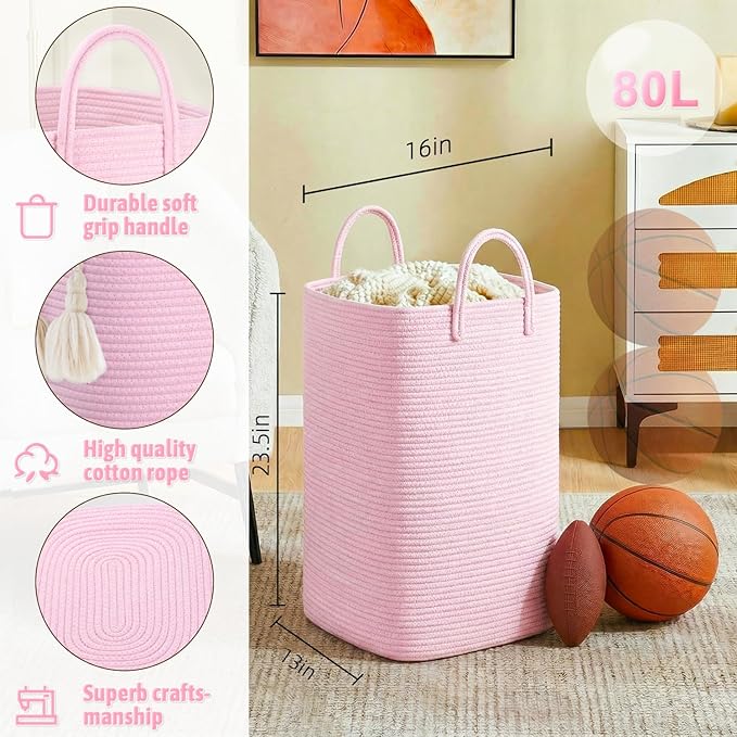 Laundry Basket,Woven Cotton Rope Laundry Hamper,80L Versatile Storage for Dirty Clothes,Baby Toys,and Blankets in Bathroom, Nursery,and Living Room