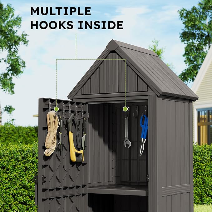 Outdoor Storage Shed - Waterproof Resin Outdoor Storage Cabinet with Removable Shelves & 12 Hooks for Garden Tools, Grilling Supplies, Gray