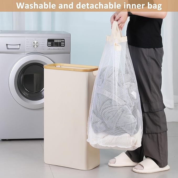 65L Slim Laundry Hamper, Narrow Laundry Basket with Lid,Foldable Clothes Hamper with Bamboo Handles,Hamper Basket with Removable Inner Bag for Laundry Room Bedroom College Dorm,17.17 Gals Beige