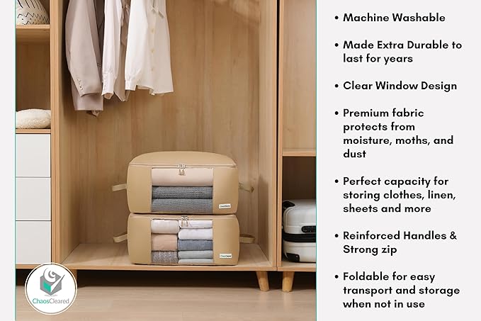 2 Pack Clothing Storage Bags Clothes Organizer folding fabric bags for sweaters, clothing, garment, bedding, quilt, linens, large folding organizers with zip & window, mothproof underbed space savers