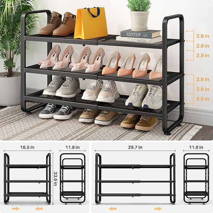 SNTD Shoe Rack - Expandable Shoe Organizer for Closet, Adjustable Metal Shoe Shelf Storage, Stackable Long Shoe Stand Holder for Garage, Entryway, Door Entrance (Black, 3-Tier)