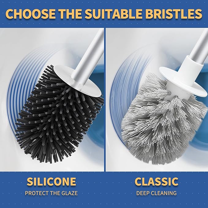 BOOMJOY Toilet Brush and Holder Set 2 Pack, Silicone Toilet Bowl Cleaner Brush, Toilet Scrubber Brush with Tweezers for Bathroom Cleaning, RV Accessories, House Organization Must-Haves - Gray