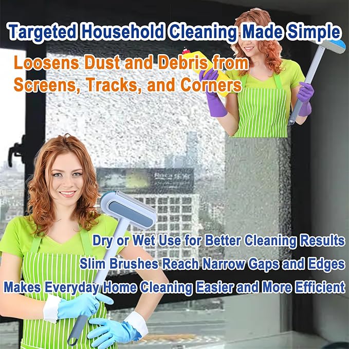 Window Screen Cleaning Brush Kit, Household Wet & Dry Cleaning Tool for Window Screens, Tracks and Frames, Includes Crevice Brush, Corner Brush, Microfiber Cloth and Hooks