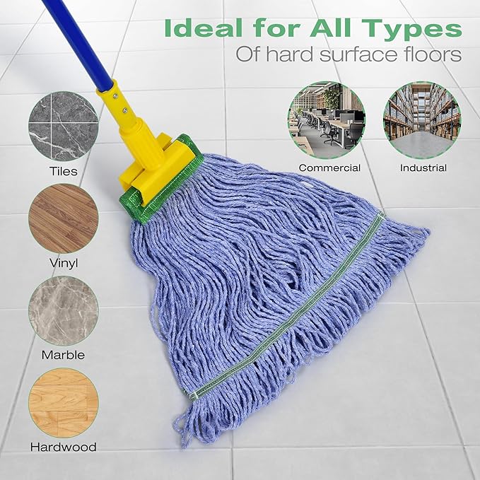 Matthew Cleaning Heavy Duty Mop Head Replacement, 5 Inch Wide Headband, Color Coded Looped End Cotton String Wet Mops for Floor Cleaning, Medium Size 18 oz, 8 Pack
