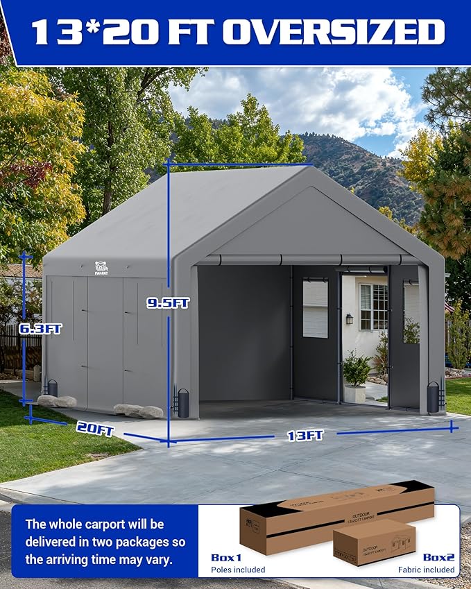 13x20 FT Heavy Duty Carport, Portable Garage Waterproof & UV Protected Car Canopy with Reinforced Steel Frame, Outdoor Shelter for Cars, Trucks, Vans, RVs, Home Party, and Workshops