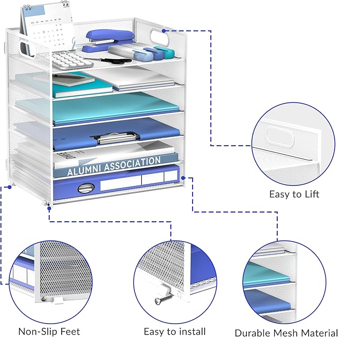 Daltack 6 Tier Paper Organizer for Desk, Paper Letter Tray Organizer for Desks, Mesh Desk File Organizers with Handle for Office, Home, School, White