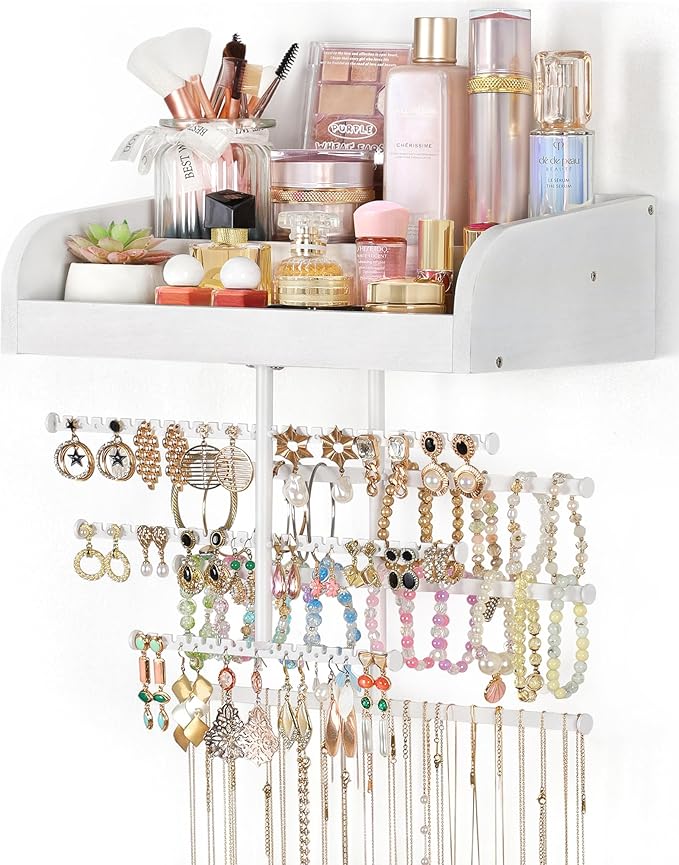 Keebofly Wall Mounted Jewelry Organizer 7-in-1 with Large Stepped Rustic Whitewood Shelves - Iron Jewelry Holder for Earring, Necklace, Bracelet Storage + Makeup/Perfume/Nail Polish Display