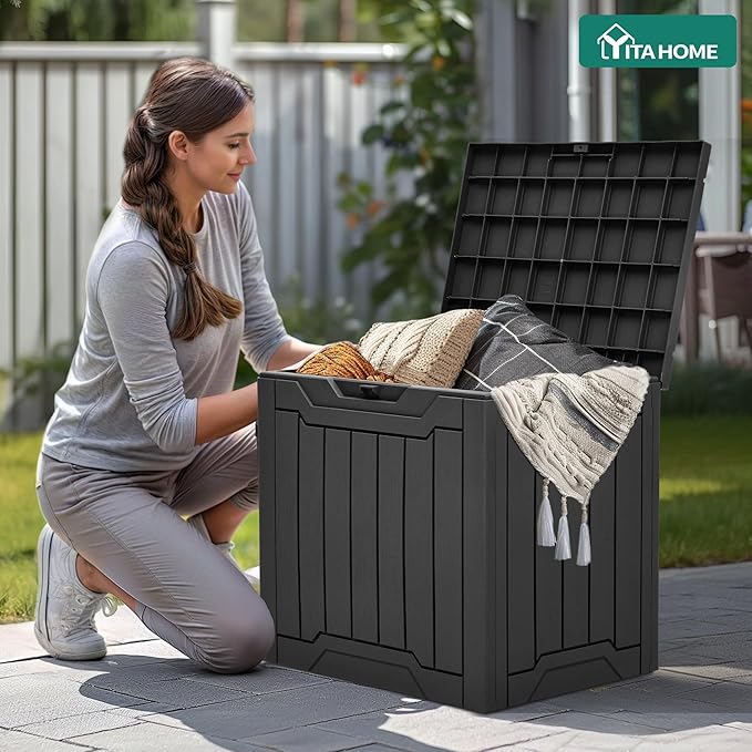 YITAHOME Outdoor Resin Storage Box 31 Gal, Water-resistant Patio Deck Box Outdoor Storage Box for Pillows, Garden Equipment, Securely Lockable, Black
