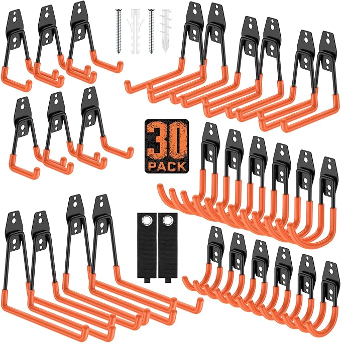 30 Pack Garage Hooks Heavy Duty, Rust-Resistant Solid Steel Wall Mount Hangers for Hanging Ladders & Bikes, Non-Slip PVC Coating Tool Organizer, 5 Sizes U & J Shapes + 2 Straps
