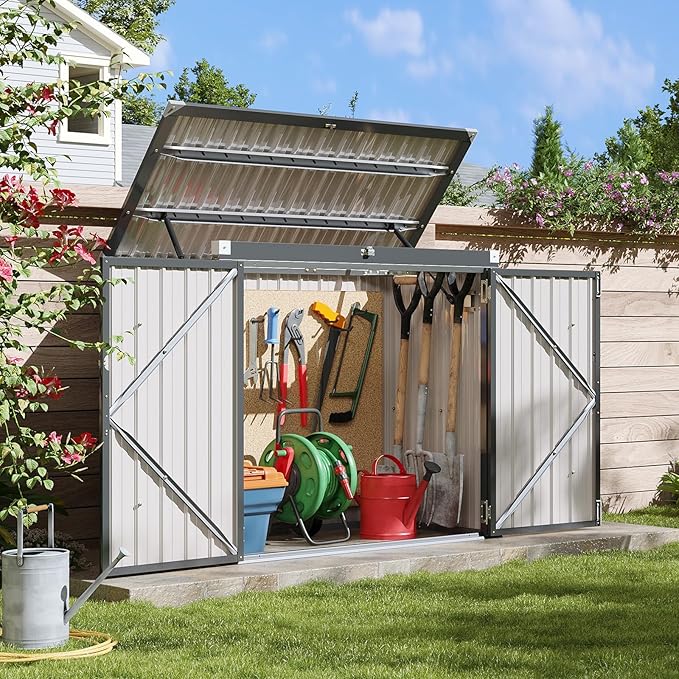 Aoxun Outdoor Storage Shed Metal Trash Can Storage with Chain Lid Waterproof Outdoor Garbage Can Organizer, Ideal for 2 Trash Bins, Generator, Garden Tools (Black)