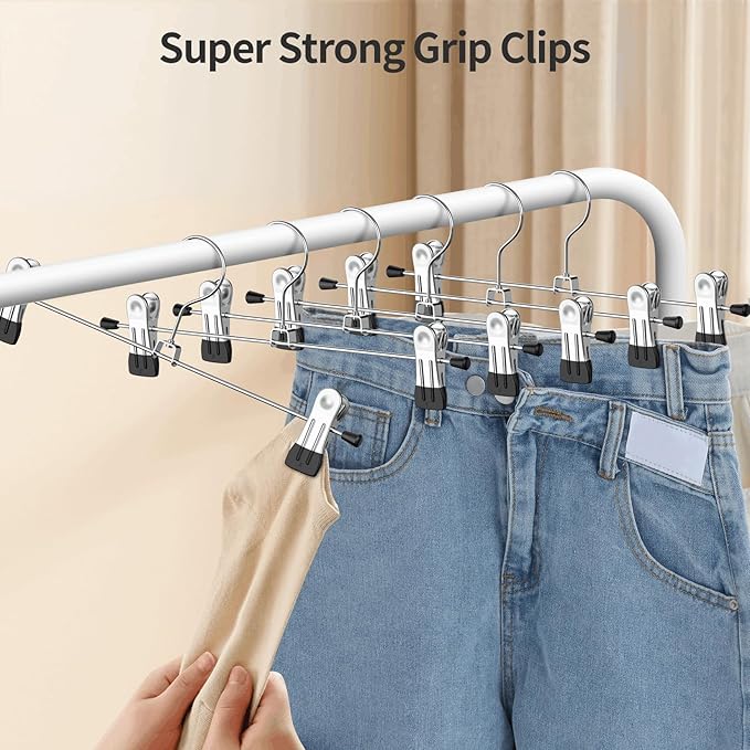 IEOKE Pants Hangers with Clips: 20 Pack Skirt Hangers for Women Metal Adjustable Trouser Hangers for Jeans Shorts Dress - Black