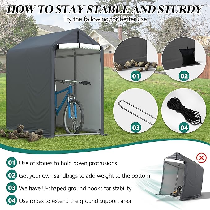 GARTOO 6 x 3ft Outdoor Cycle Storage Shelter - Bike Shed with Roll-up Door & Ventilate Window, Polyethylene Canopy Bicycle Garage for Garden, Domestic, Outdoor, Rain Shelter