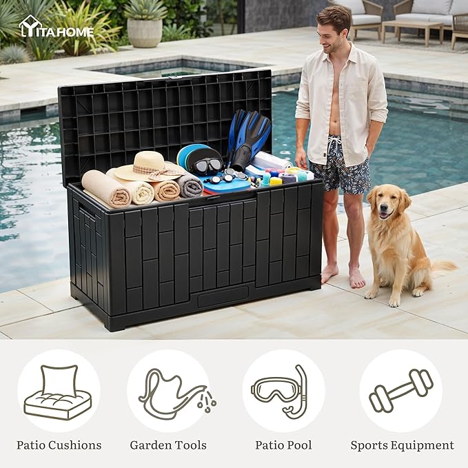 YITAHOME 60 Gallon Outdoor Storage Box, Lockable Resin Deck Box with Handles, Waterproof Outdoor Storage Box for Patio Furniture, Garden Tools and Pool Accessories, Black