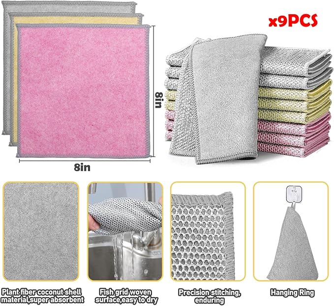XANGNIER 9 Pcs Non Scratch Wire Dishcloth,2025 New Upgrade Steel Wool Cleaning Cloths for Wet and Dry,Multipurpose Wire Dishwashing Rag,Metal Mesh Miracle Cleaning Cloths for Kitchen,Dishes,Sink