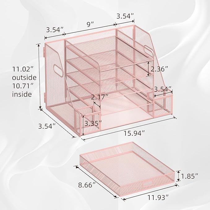 SUPEASY Mesh Desk Organizer with File Holder, 5-Tier Paper Letter Tray Organizer with Magazine Holder, Desktop Organizer and Storage with Drawer for Office Supplies Home or School (Pink)