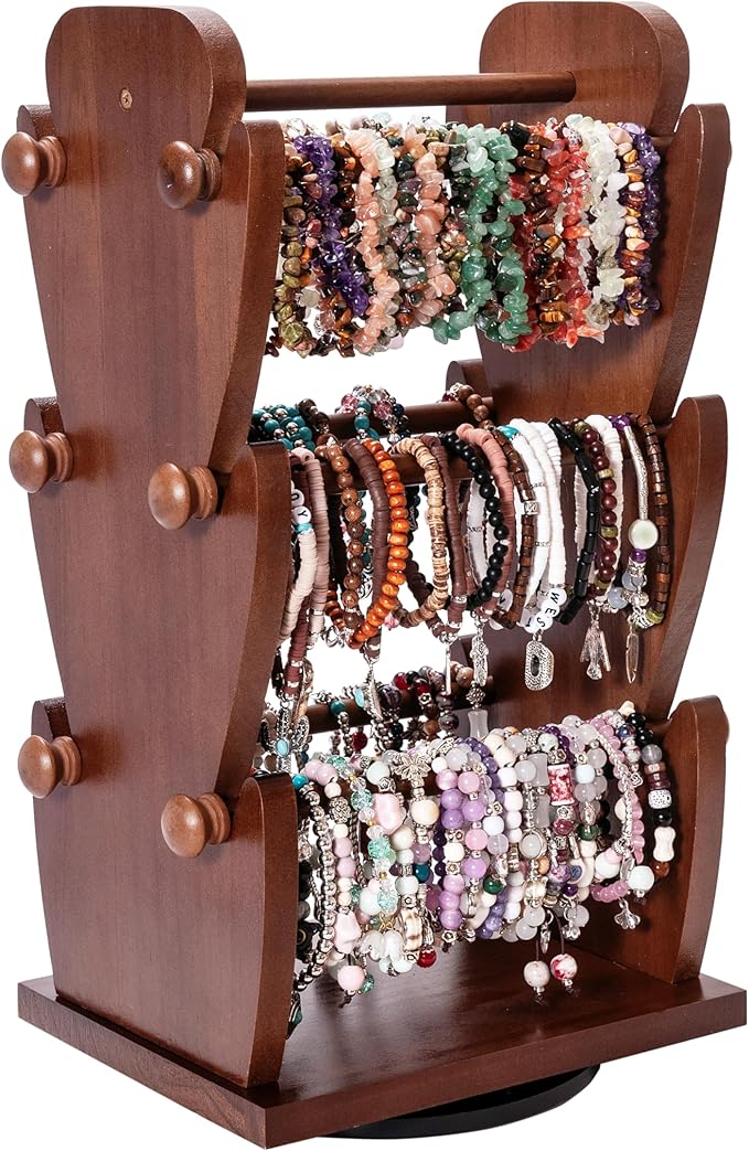 Two-Sided Rotating Wooden Jewelry Bracelet Holder Display Stand with 6 Removable Holders - 3 Tier Bar Bangle Organizer Perfect for Organizing and Showcasing Bracelets, Watches, and Accessories