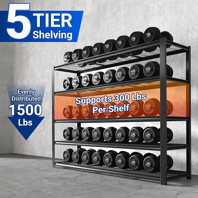 FLEXIMOUNTS 60" W Garage Shelving, 5 Tier Storage Shelves Load 1500LBS, Adjustable Garage Shelving Heavy Duty, Metal Shelves Unit for Basement, Warehouse, 60" W x 72" H x 24" D, Black