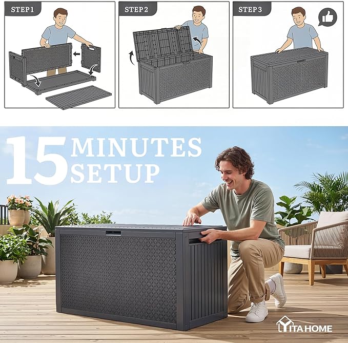YITAHOME 90 Gallon Outdoor Deck Box, Lockable Resin Deck Box with Handles, Outdoor Storage Box for Patio Furniture, Garden Tools, Waterproof & UV Resistant, Dark Grey