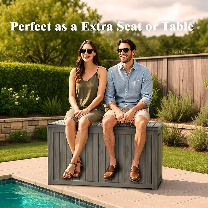 200 Gallon Outdoor Storage Box, Waterproof Deck Box with Handles and Lockable Lid, Resin Patio Storage Box with Hydraulic Rods for Garden Tools, Cushions, Grey