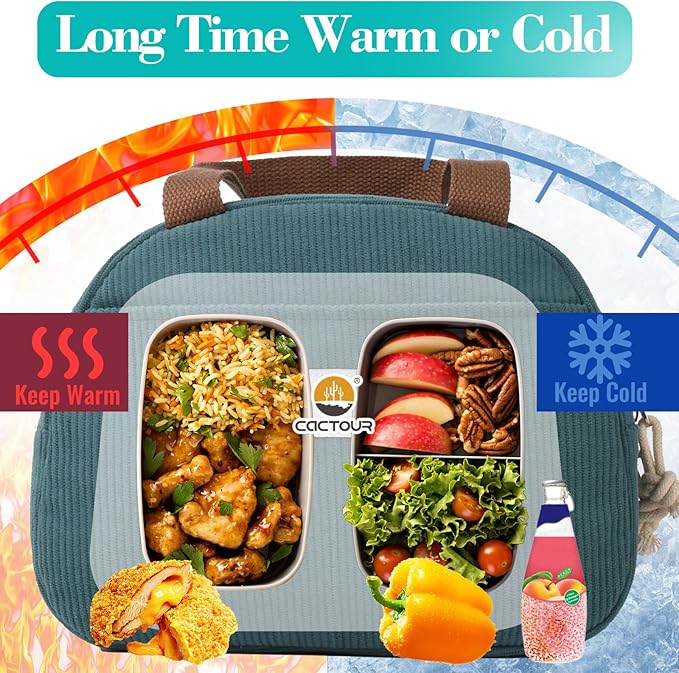 Lunch Box Lunch Bag for Women Girls Teens, Cute Lunch Box Cooler Bag, Portable Small Insulated LunchBox Reusable Corduroy Lunch Tote for Work/Travel/Picnic/School (Lake Green)