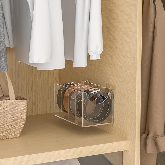 4 Compartments Acrylic Belt Organizer, Clear Belt Storage Organizer for Closet, Wall Mount Belt Holder