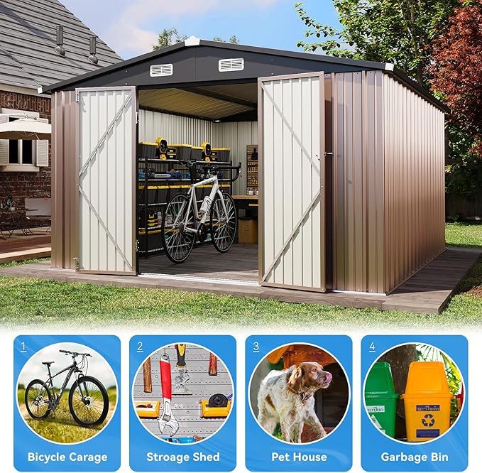 Aoxun 10x12 FT Outdoor Storage Shed - Metal Garden Tool Shed with Lockable Doors & Slooping Roof, Waterproof Outside Storage Shed Ideal for Tools, Garden Equipment & Bikes, Patio Placement(Brown)