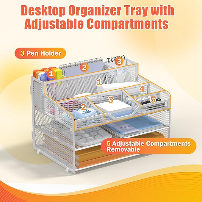 Docnest 3 Tier Mesh Desk Organizer for Paper Office Supplies – Multi-Functional Letter Tray with 5 Adjustable Compartments, 3 Pen Holders, Desktop Storage for Files, Mail, Stationery – White